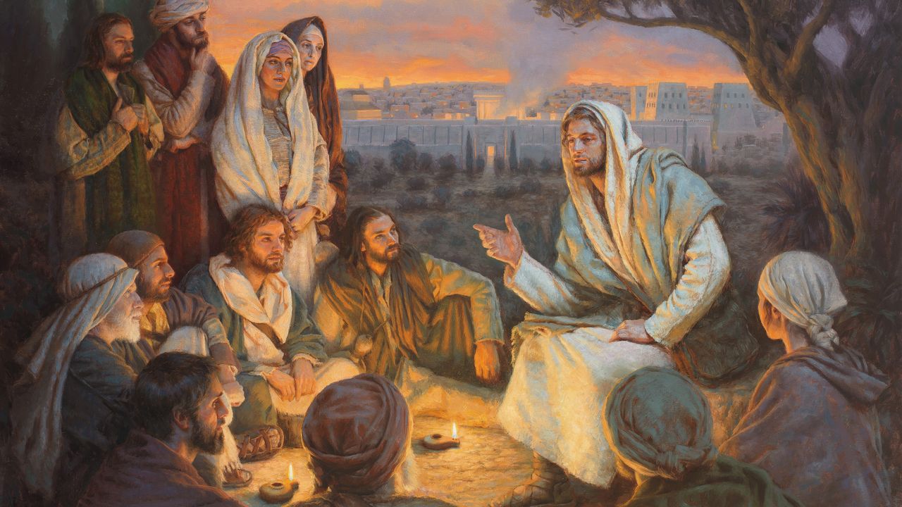 Jesus Christus unterweist seine Jünger auf einem Hügel mit Blick auf die Stadttore von Jerusalem